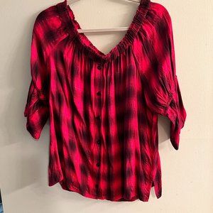 Off the Shoulder Red Plaid Top - Large